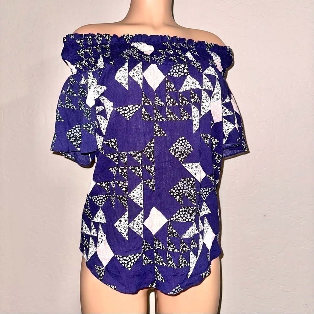Madewell Women's Blouse S Geometric Short Sleeve Off Shoulder Smocked Blue Boho